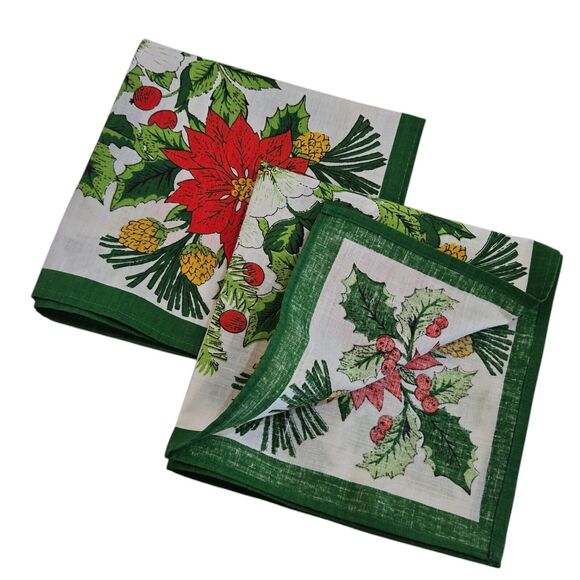 Vintage Floral Poinsettia Holiday Christmas Square Cloth Napkins MCM Set of Two - Picture 11 of 13